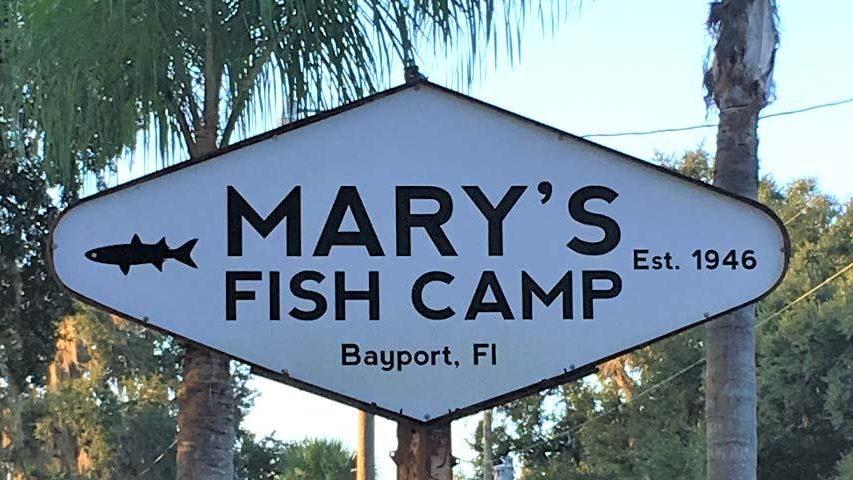 Mary's Fish Camp sign, home of Southern Slam Outfitters and Bayport Airboat Tours